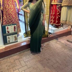 Brand new 2 tone georgette Indian green sari - pleats stitched
